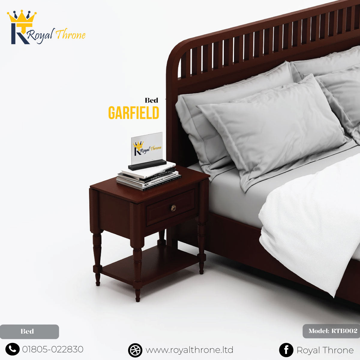 A dark brown wooden bed frame with a slatted headboard and matching nightstand, styled with gray and white bedding. The image features branding for Royal Throne and the model name Garfield.
