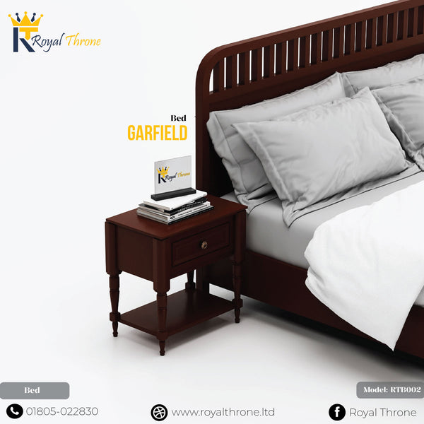 A dark brown wooden bed frame with a slatted headboard and matching nightstand, styled with gray and white bedding. The image features branding for Royal Throne and the model name Garfield.