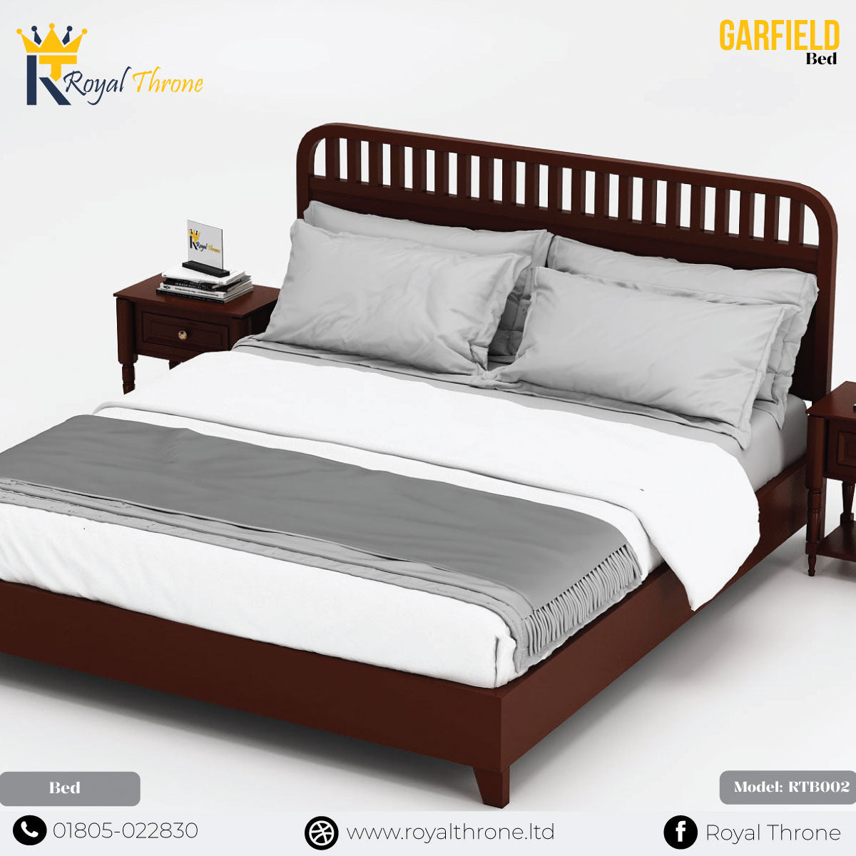 A dark brown wooden twin bed frame with a slatted headboard, styled with white and gray bedding, white duvet, and gray runner, shown on a white background with brand overlays. Main image