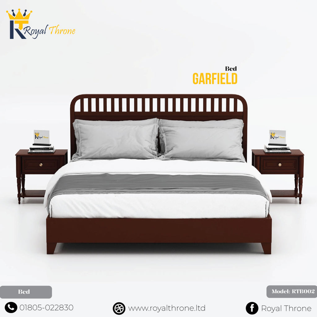 A dark brown wooden bed frame with a slatted headboard, styled with white and gray bedding, flanked by two matching wooden nightstands. The image features branding for Royal Throne and the model name Garfield.