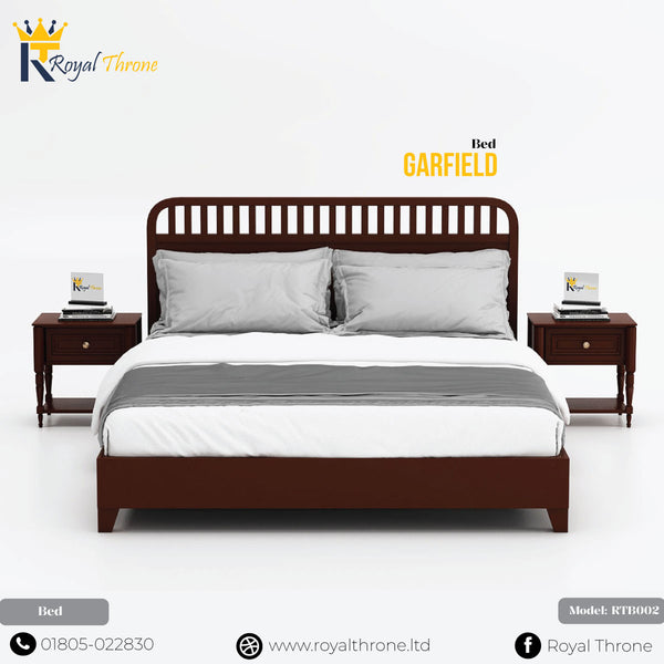 A dark brown wooden bed frame with a slatted headboard, styled with white and gray bedding, flanked by two matching wooden nightstands. The image features branding for Royal Throne and the model name Garfield.