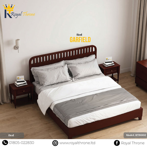 A dark reddish-brown wooden bed frame, model GARFIELD by Royal Throne, styled with white and gray bedding in a bedroom setting with wooden floors and light walls.