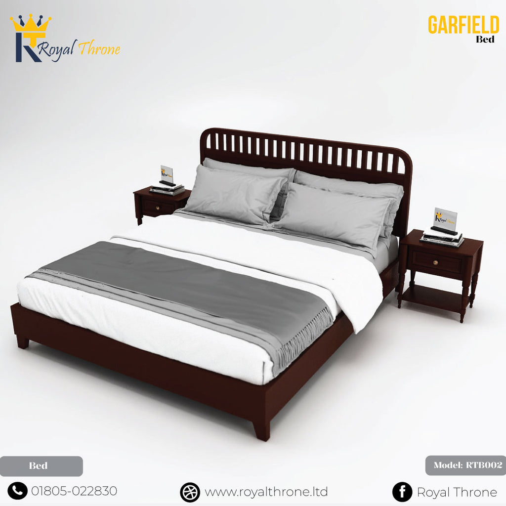A dark brown wooden bed frame with a slatted headboard, styled with white and gray bedding, flanked by two matching nightstands, shown on a light gray background with Royal Throne branding.