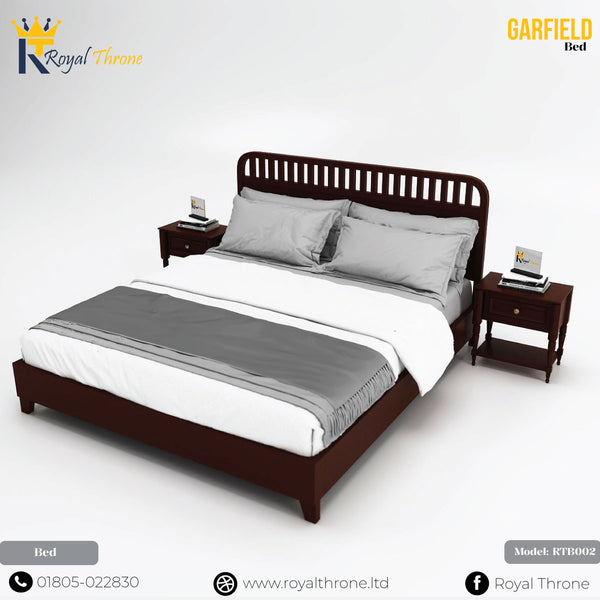 A dark brown wooden bed frame with a slatted headboard, styled with white and gray bedding, flanked by two matching nightstands, shown on a light gray background with Royal Throne branding.